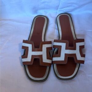 Women’s H-Cut Brown and White Sandals